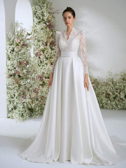 Abito da sposa elegante, stile Bridgeton, con scollo a V, in pizzo bianco vintage, maniche lunghe, linea a palloncino, per donne, abito da sposa linea A con strascico