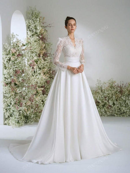 Abito da sposa elegante, stile Bridgeton, con scollo a V, in pizzo bianco vintage, maniche lunghe, linea a palloncino, per donne, abito da sposa linea A con strascico