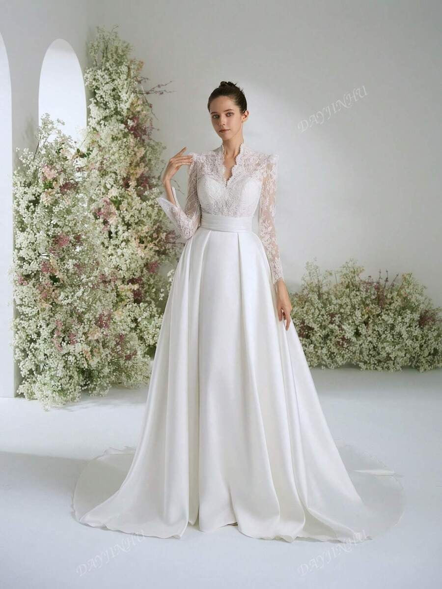 Abito da sposa elegante, stile Bridgeton, con scollo a V, in pizzo bianco vintage, maniche lunghe, linea a palloncino, per donne, abito da sposa linea A con strascico