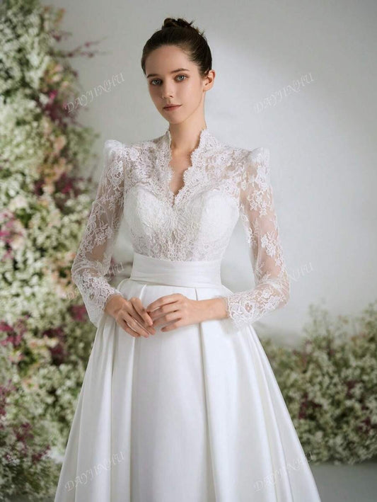 Abito da sposa elegante, stile Bridgeton, con scollo a V, in pizzo bianco vintage, maniche lunghe, linea a palloncino, per donne, abito da sposa linea A con strascico