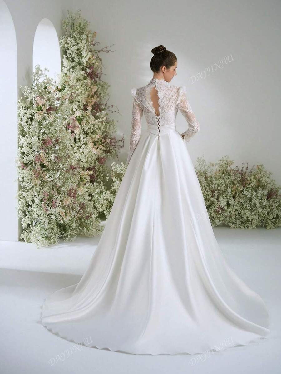 Abito da sposa elegante, stile Bridgeton, con scollo a V, in pizzo bianco vintage, maniche lunghe, linea a palloncino, per donne, abito da sposa linea A con strascico