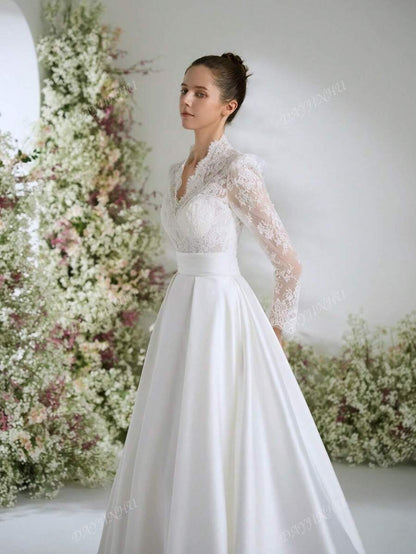 Abito da sposa elegante, stile Bridgeton, con scollo a V, in pizzo bianco vintage, maniche lunghe, linea a palloncino, per donne, abito da sposa linea A con strascico