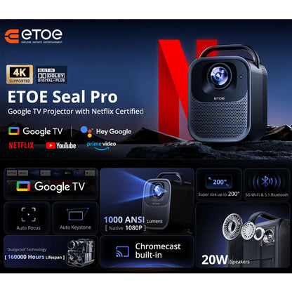 Proiettore ETOE Seal Pro con 1000 ANSI, 1080P nativo, GoogleTV, messa a fuoco automatica e correzione trapezoidale automatica, altoparlanti 2*10 W