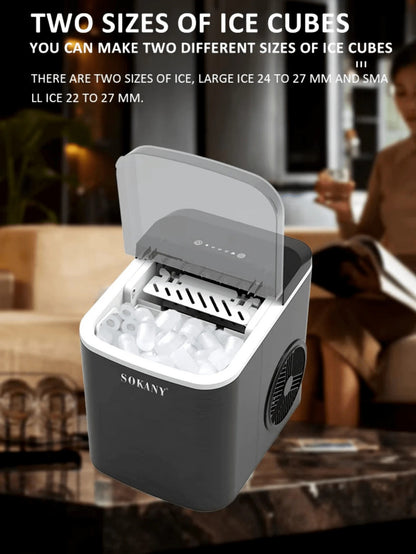 SOKANY Macchina per il ghiaccio, fabbricatore di ghiaccio da tavolo, 9 cubetti di ghiaccio in 6 minuti, 12 kg in 24 ore, con paletta e cestello, macchina portatile per cubetti di ghiaccio per casa