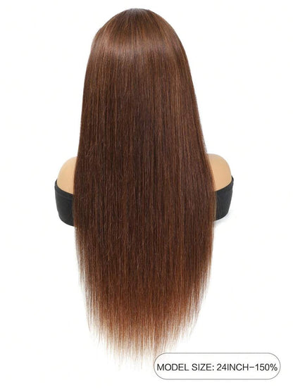 Parrucca da donna dritta con capelli umani castano cioccolato 360°, frontale in pizzo trasparente di 16-28 pollici, con baby hair, densità 150%