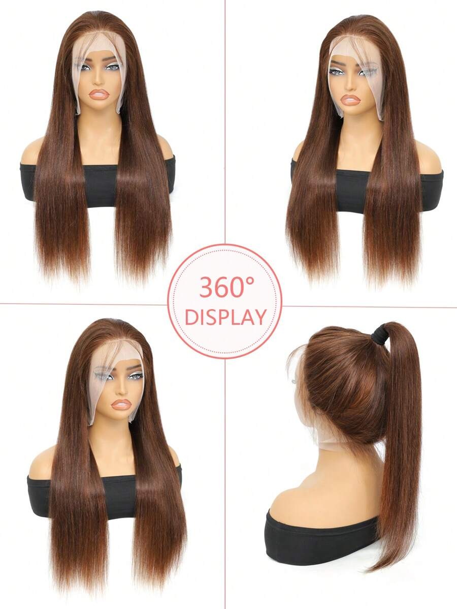 Parrucca da donna dritta con capelli umani castano cioccolato 360°, frontale in pizzo trasparente di 16-28 pollici, con baby hair, densità 150%