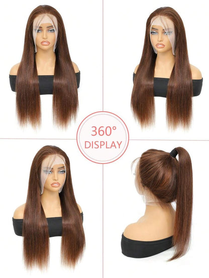 Parrucca da donna dritta con capelli umani castano cioccolato 360°, frontale in pizzo trasparente di 16-28 pollici, con baby hair, densità 150%