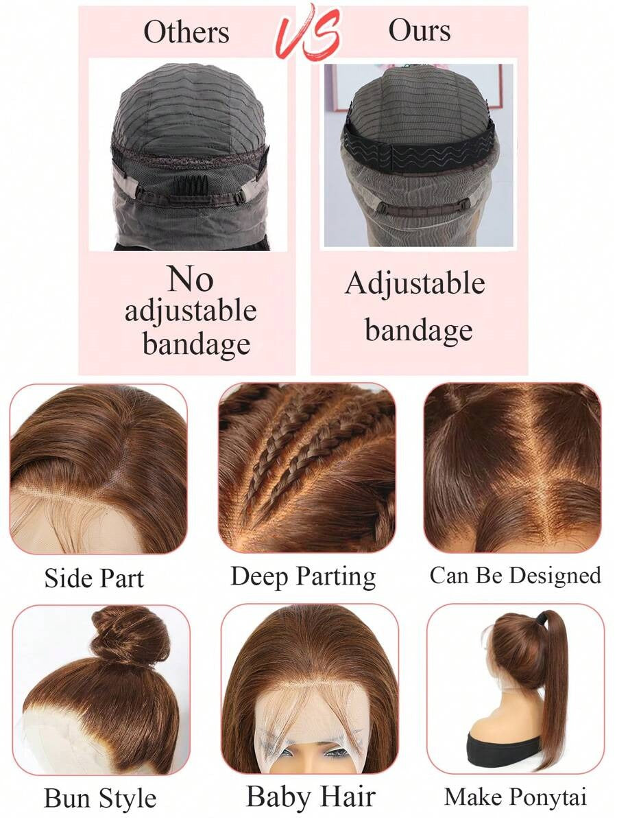 Parrucca da donna dritta con capelli umani castano cioccolato 360°, frontale in pizzo trasparente di 16-28 pollici, con baby hair, densità 150%