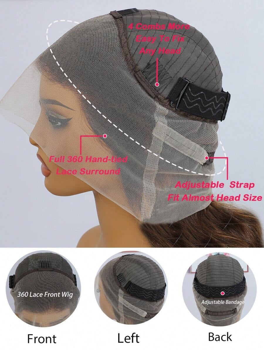 Parrucca da donna dritta con capelli umani castano cioccolato 360°, frontale in pizzo trasparente di 16-28 pollici, con baby hair, densità 150%
