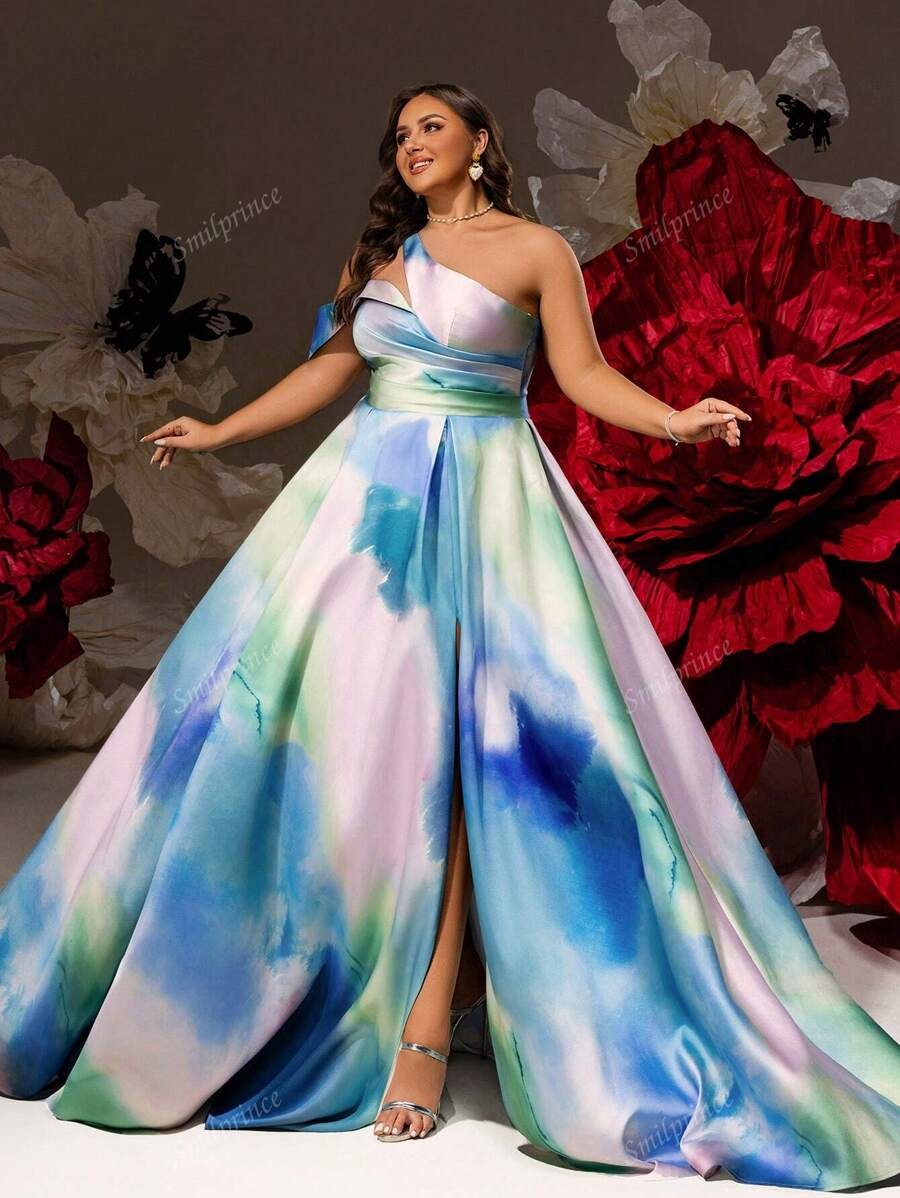 Smilprince Abito da sera satin monospalla con stampa acquerello sognante, fessura alta, lunghezza piano, vestito da ballo a-line, elegante abito da cerimonia da sera per taglie comode