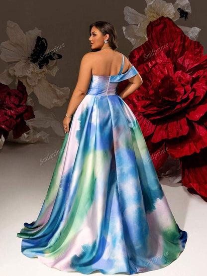 Smilprince Abito da sera satin monospalla con stampa acquerello sognante, fessura alta, lunghezza piano, vestito da ballo a-line, elegante abito da cerimonia da sera per taglie comode