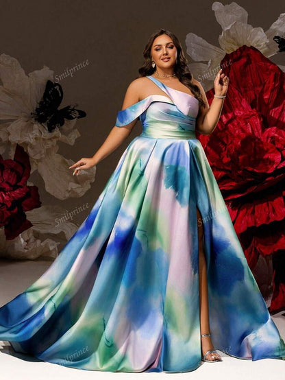 Smilprince Abito da sera satin monospalla con stampa acquerello sognante, fessura alta, lunghezza piano, vestito da ballo a-line, elegante abito da cerimonia da sera per taglie comode