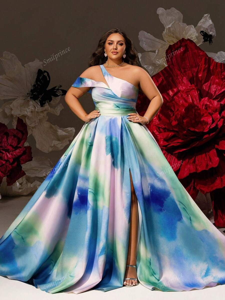 Smilprince Abito da sera satin monospalla con stampa acquerello sognante, fessura alta, lunghezza piano, vestito da ballo a-line, elegante abito da cerimonia da sera per taglie comode