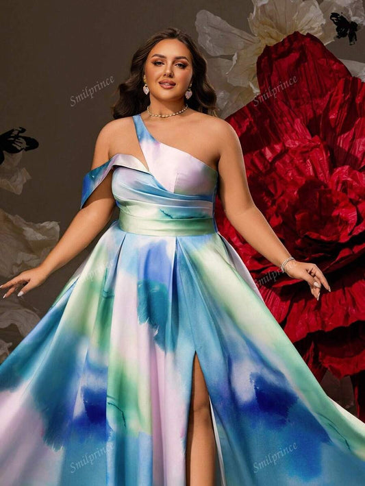 Smilprince Abito da sera satin monospalla con stampa acquerello sognante, fessura alta, lunghezza piano, vestito da ballo a-line, elegante abito da cerimonia da sera per taglie comode