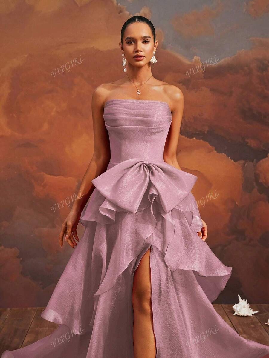 VIPGIRL Elegante abito da sera lungo con spalle scoperte, fiocco, scollo profondo e spacco alto, in colore rosa, abito da ballo, da cocktail elegante