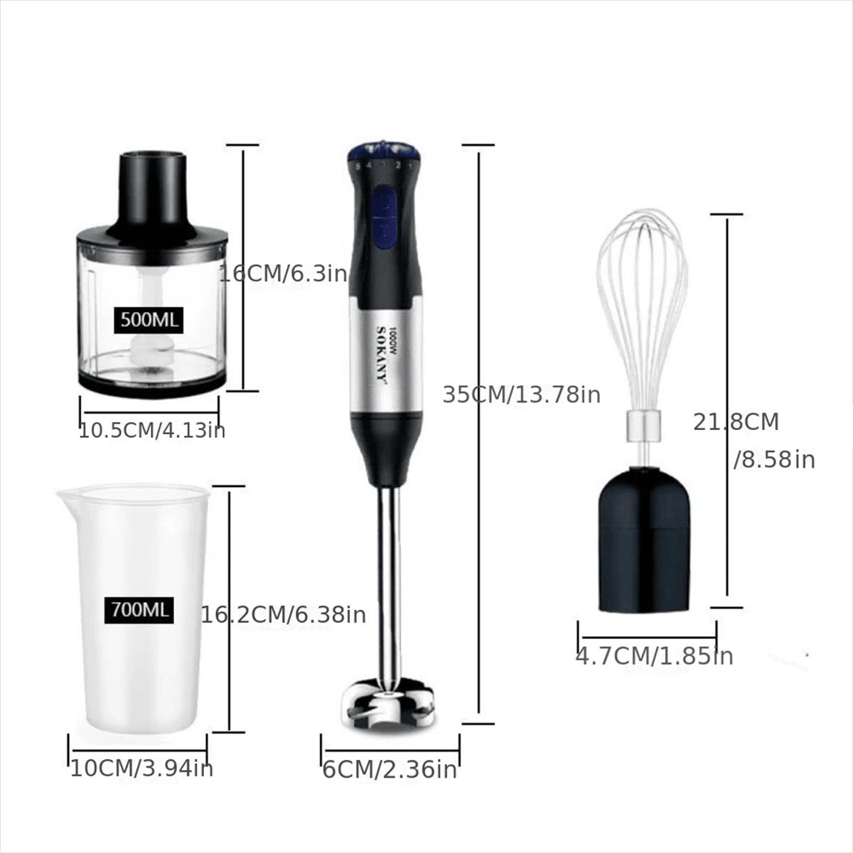 SOKANY Set frullatore a immersione portatile 4 in 1, incluso frullatore a bastoncino multifunzione, frusta, tritatutto e brocca, adatto per la lavorazione degli alimenti e la preparazione di omogeneizzati
