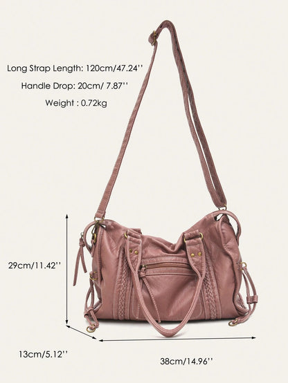 Borsa a tracolla unisex in stile street retrò e casual, in morbida pelle vegana trattata con spazzola, con chiusura lampo, tasche con chiusura lampo, decorazioni intrecciate, ampia capacità