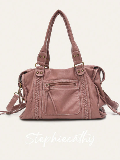 Borsa a tracolla unisex in stile street retrò e casual, in morbida pelle vegana trattata con spazzola, con chiusura lampo, tasche con chiusura lampo, decorazioni intrecciate, ampia capacità