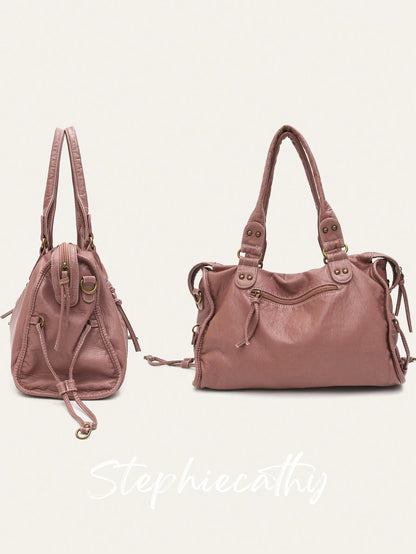 Borsa a tracolla unisex in stile street retrò e casual, in morbida pelle vegana trattata con spazzola, con chiusura lampo, tasche con chiusura lampo, decorazioni intrecciate, ampia capacità
