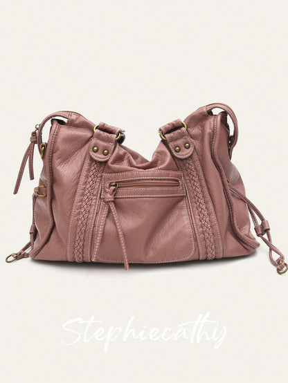 Borsa a tracolla unisex in stile street retrò e casual, in morbida pelle vegana trattata con spazzola, con chiusura lampo, tasche con chiusura lampo, decorazioni intrecciate, ampia capacità