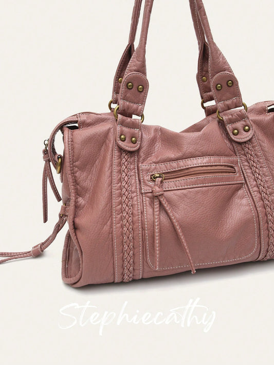 Borsa a tracolla unisex in stile street retrò e casual, in morbida pelle vegana trattata con spazzola, con chiusura lampo, tasche con chiusura lampo, decorazioni intrecciate, ampia capacità