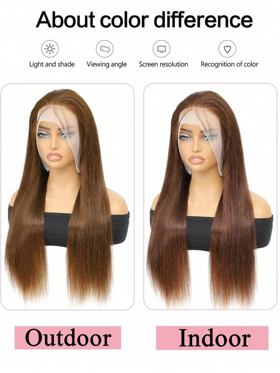 Parrucca da donna dritta con capelli umani castano cioccolato 360°, frontale in pizzo trasparente di 16-28 pollici, con baby hair, densità 150%