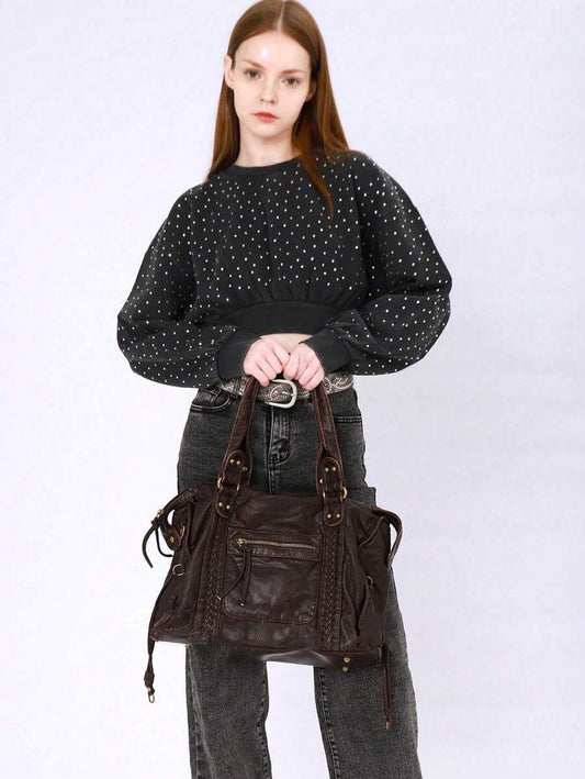 Borsa da donna di nuova moda 2025, borsa da motociclista in stile retrò Y2K, borsa shopping in pelle morbida di grande capacità, borsa a tracolla stile apocalittico, in tessuto super morbido