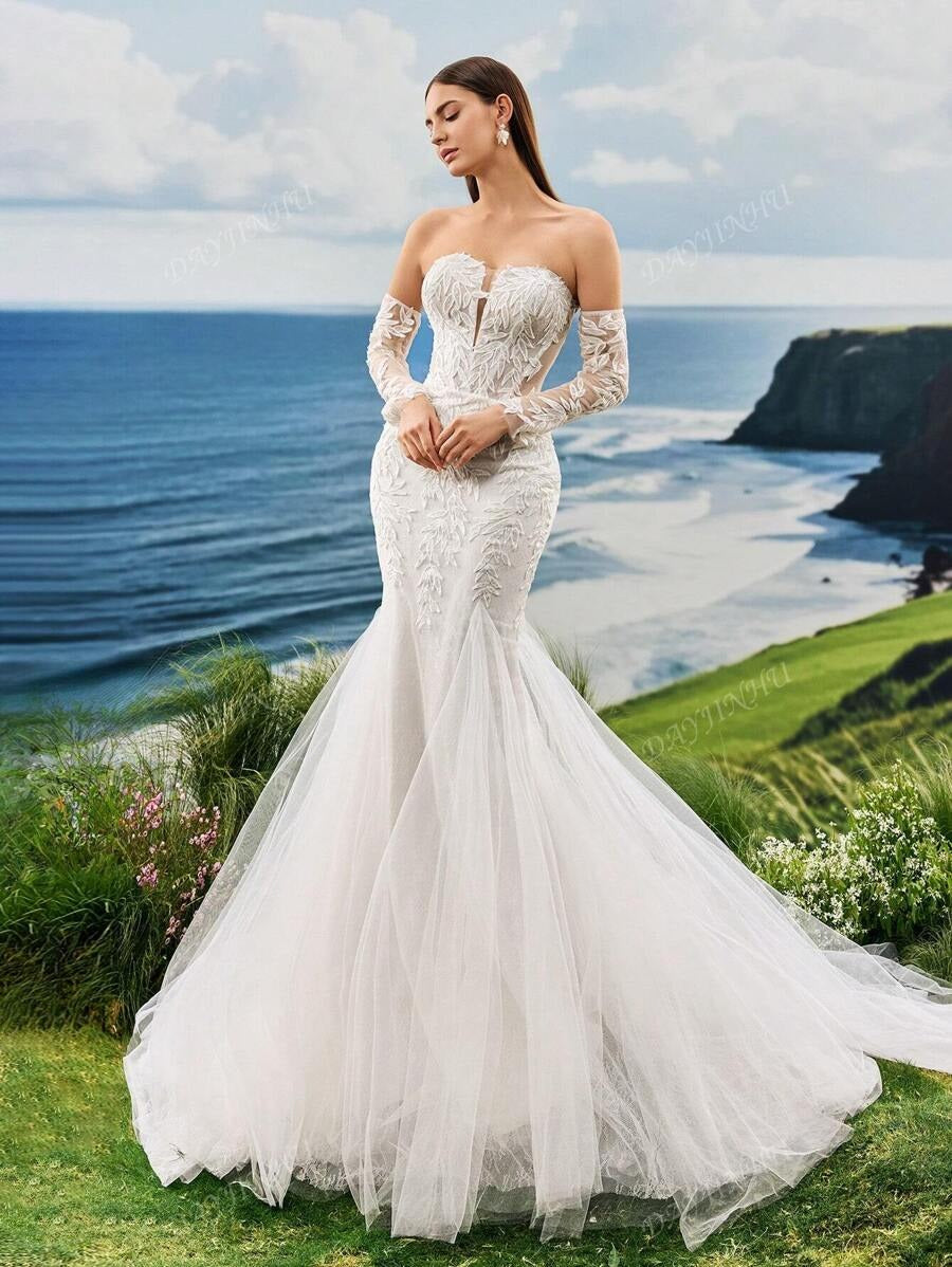 Abito da sposa lungo con strascico, senza spalline, in pizzo ricamato con perle, stile sirena, maniche lunghe, elegante e romantico, adatto per matrimoni