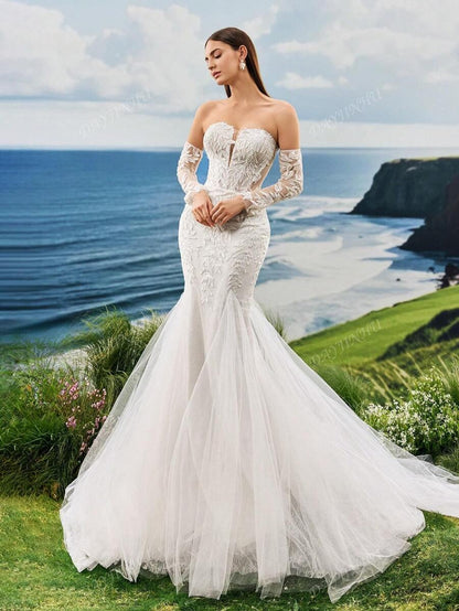 Abito da sposa lungo con strascico, senza spalline, in pizzo ricamato con perle, stile sirena, maniche lunghe, elegante e romantico, adatto per matrimoni