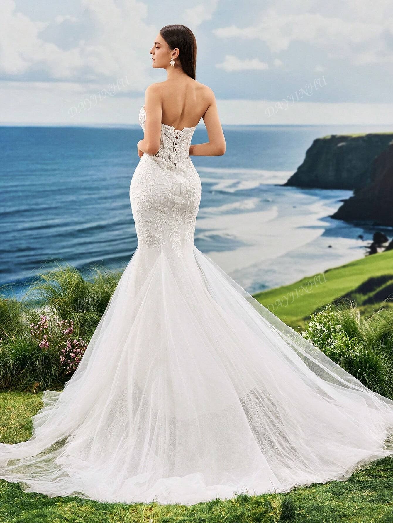 Abito da sposa lungo con strascico, senza spalline, in pizzo ricamato con perle, stile sirena, maniche lunghe, elegante e romantico, adatto per matrimoni