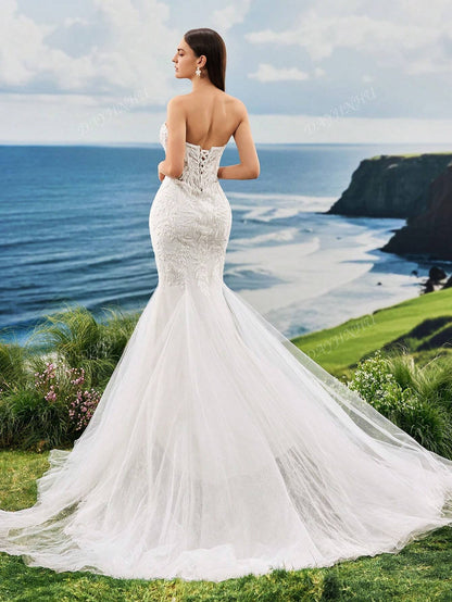 Abito da sposa lungo con strascico, senza spalline, in pizzo ricamato con perle, stile sirena, maniche lunghe, elegante e romantico, adatto per matrimoni