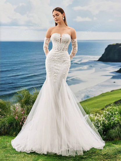 Abito da sposa lungo con strascico, senza spalline, in pizzo ricamato con perle, stile sirena, maniche lunghe, elegante e romantico, adatto per matrimoni