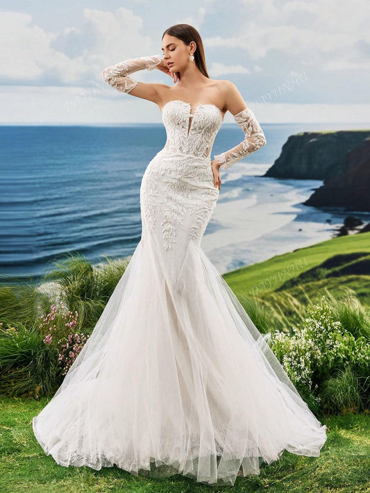 Abito da sposa lungo con strascico, senza spalline, in pizzo ricamato con perle, stile sirena, maniche lunghe, elegante e romantico, adatto per matrimoni
