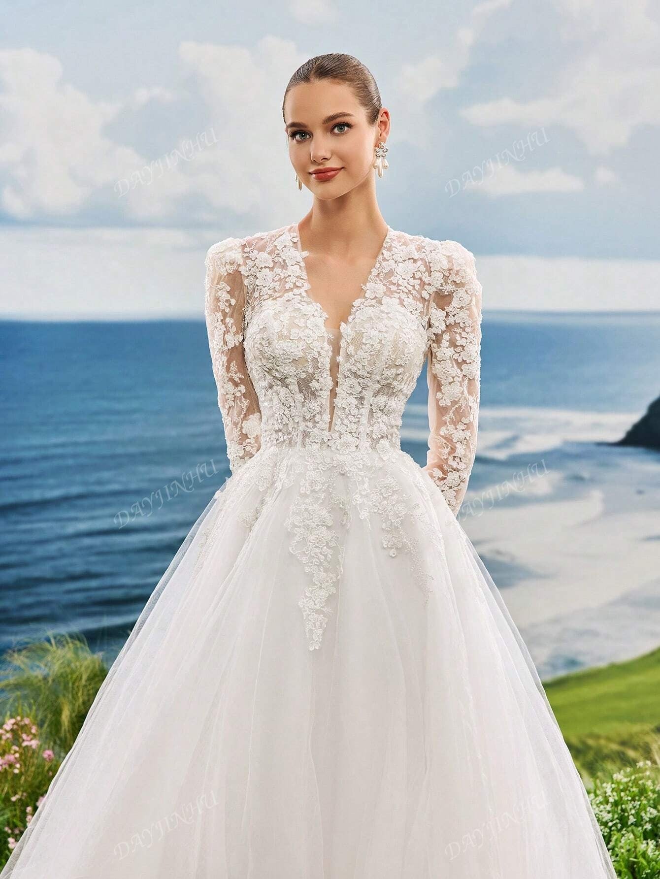 Abito da sposa in in rete a lun ghe maniche con scollo a V, decorato con ricamo di perle e pizzo, elegante e romantico, adatto per cerimonie in chiesa