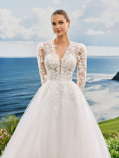 Abito da sposa in in rete a lun ghe maniche con scollo a V, decorato con ricamo di perle e pizzo, elegante e romantico, adatto per cerimonie in chiesa