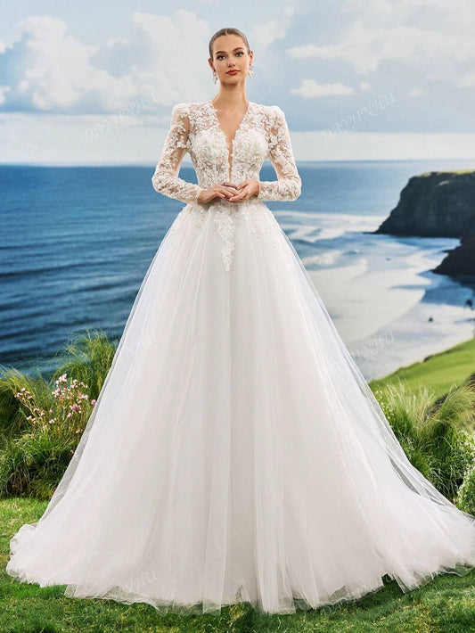 Abito da sposa in in rete a lun ghe maniche con scollo a V, decorato con ricamo di perle e pizzo, elegante e romantico, adatto per cerimonie in chiesa