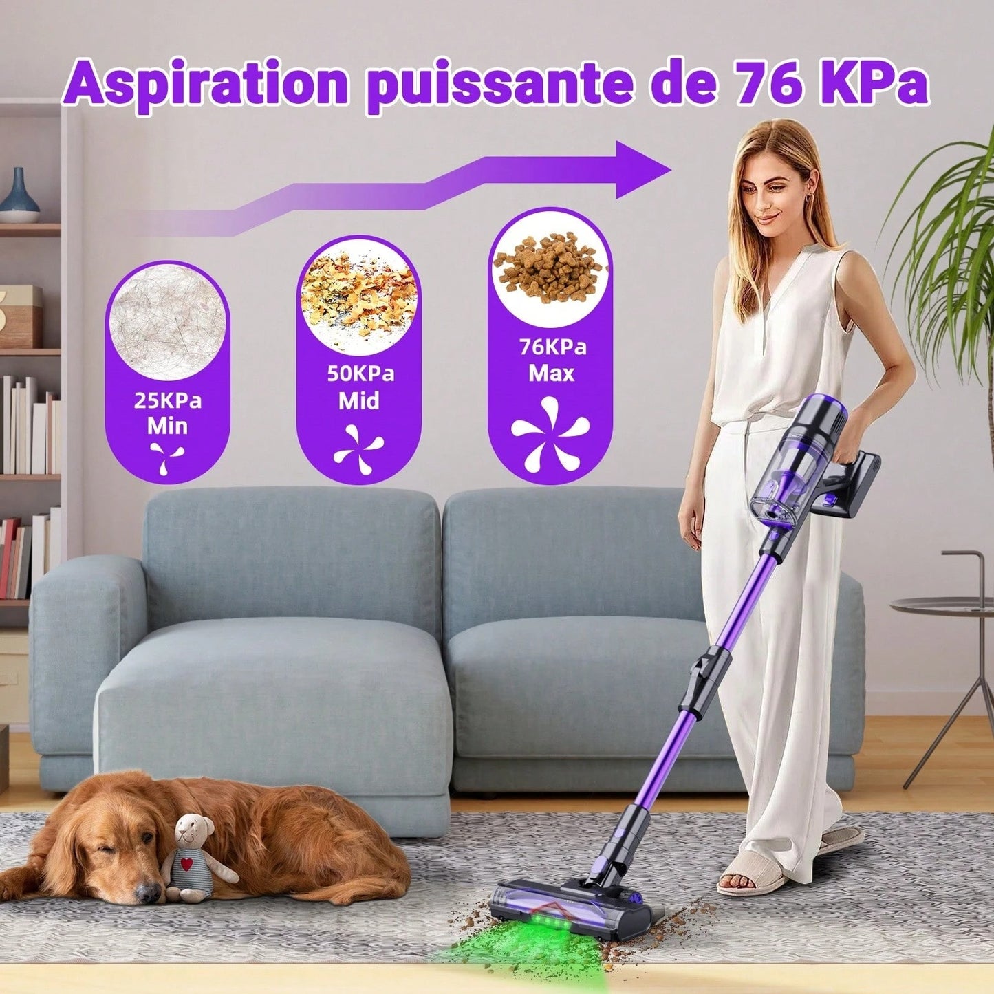 KatFash Aspirapolvere senza fili, 76000 Pa/700 W, touchscreen intelligente, durata della batteria di 65 min., batteria rimovibile, viola Halloween