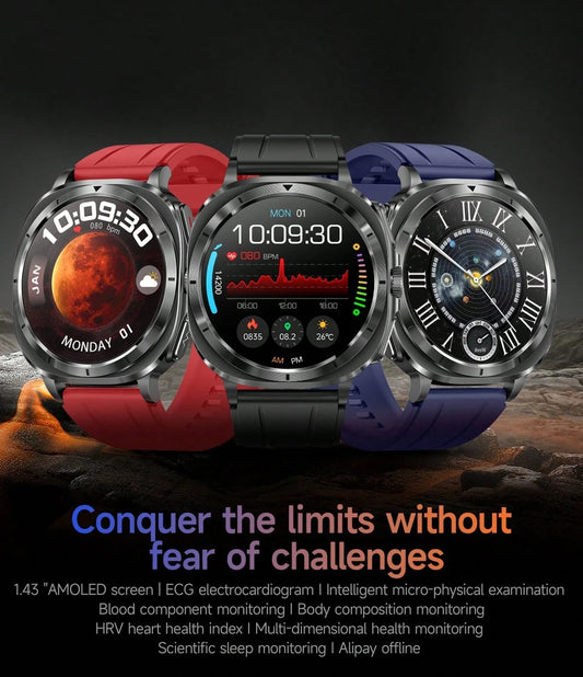 Nuovo smartwatch 2025 compatibile con Galaxy Watch 7, chiamate e composizione senza fili, schermo touch AMOLED da 1,43 pollici, controllo vocale AI, notifiche info, accesso NFC, chiamata SOS, monitoraggio ECG/frequenza cardiaca/sonno