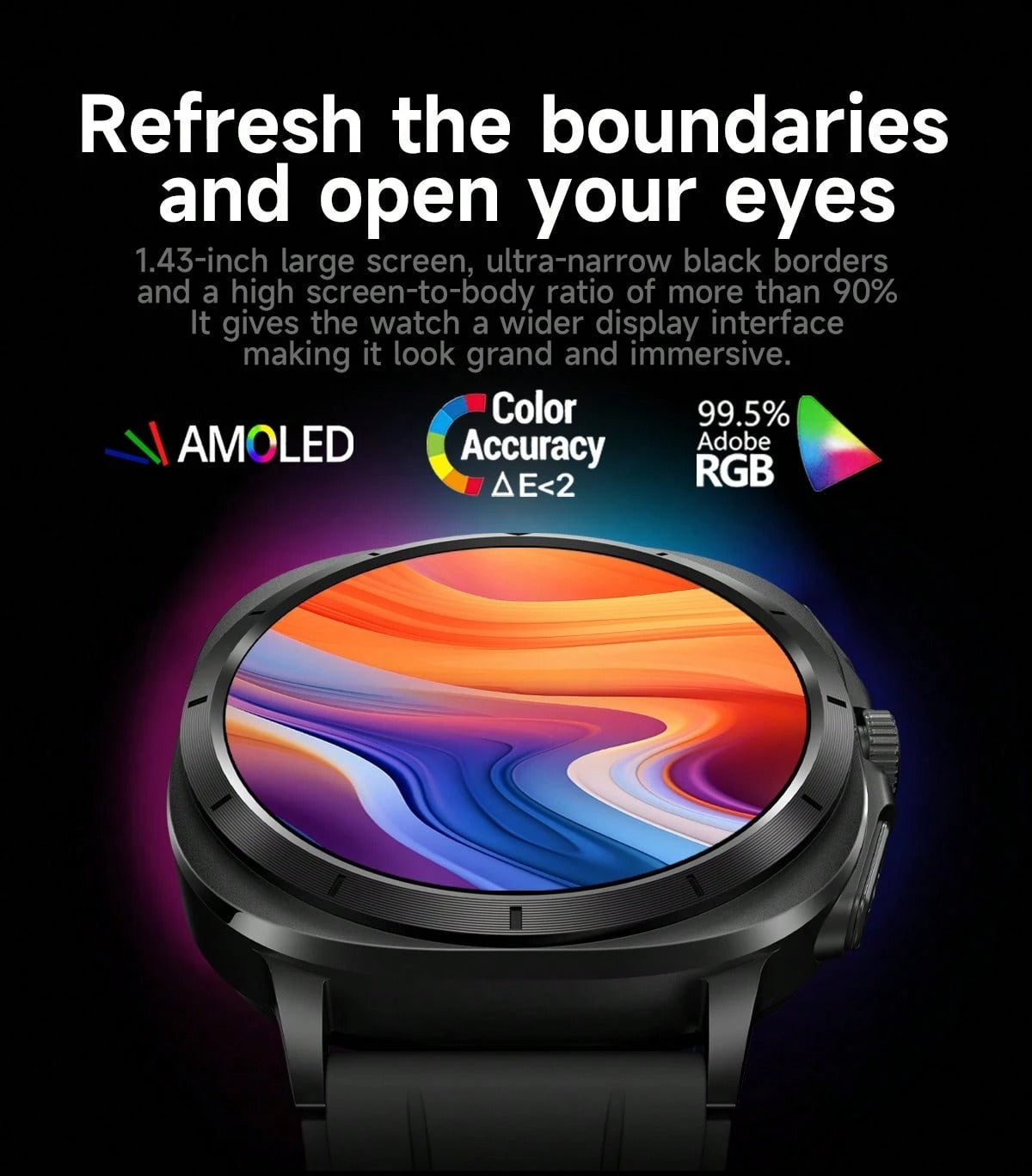 Nuovo smartwatch 2025 compatibile con Galaxy Watch 7, chiamate e composizione senza fili, schermo touch AMOLED da 1,43 pollici, controllo vocale AI, notifiche info, accesso NFC, chiamata SOS, monitoraggio ECG/frequenza cardiaca/sonno