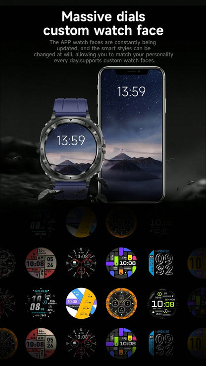 Nuovo smartwatch 2025 compatibile con Galaxy Watch 7, chiamate e composizione senza fili, schermo touch AMOLED da 1,43 pollici, controllo vocale AI, notifiche info, accesso NFC, chiamata SOS, monitoraggio ECG/frequenza cardiaca/sonno