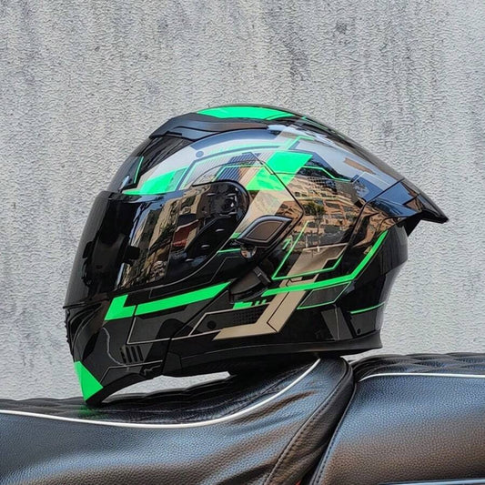 Casco da moto modulare di alta qualità con visiera apribile e doppia visiera, design personalizzato con alettone grande, omologato DOT, slot per altoparlante Bluetooth