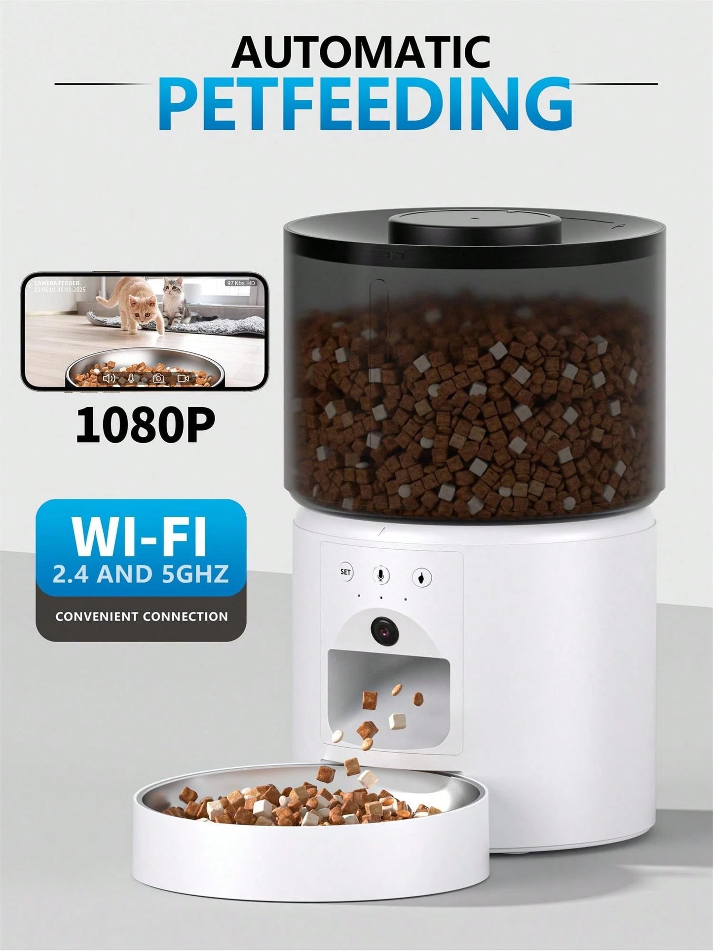 Distributore automatico per animali domestici, ciotola automatica per gatti con controllo tramite app, abilitata al WiFi, registrazione vocale da 10 secondi, alimentazione programmata da remoto, ampio spazio di stoccaggio a prova di umidità