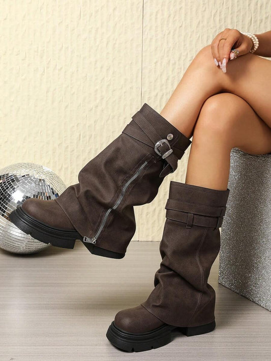 Stivaletti alla caviglia con cerniera e decorazione metallica, suola spessa, punta quadrata, casual, adatti per festival musicali di strada, design versatile e di moda per le donne