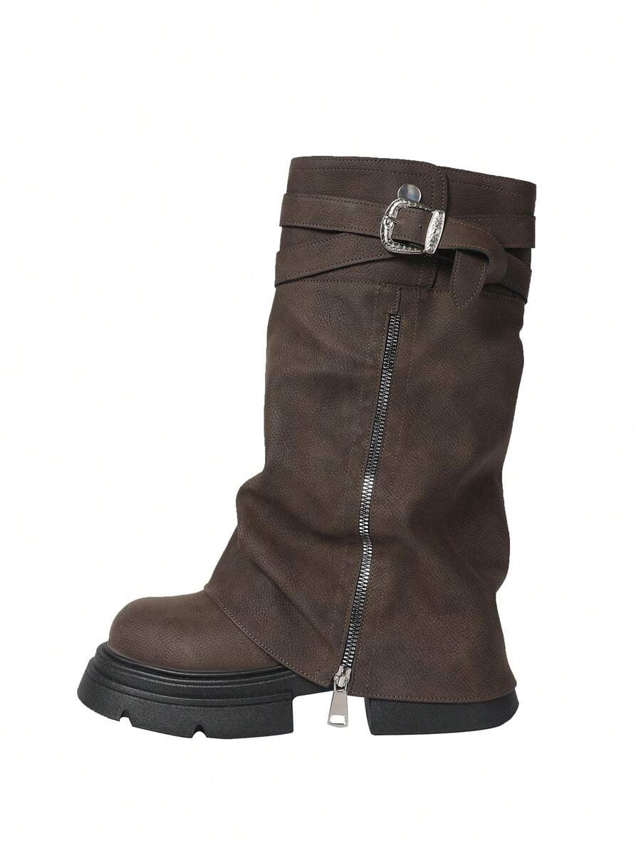 Stivaletti alla caviglia con cerniera e decorazione metallica, suola spessa, punta quadrata, casual, adatti per festival musicali di strada, design versatile e di moda per le donne