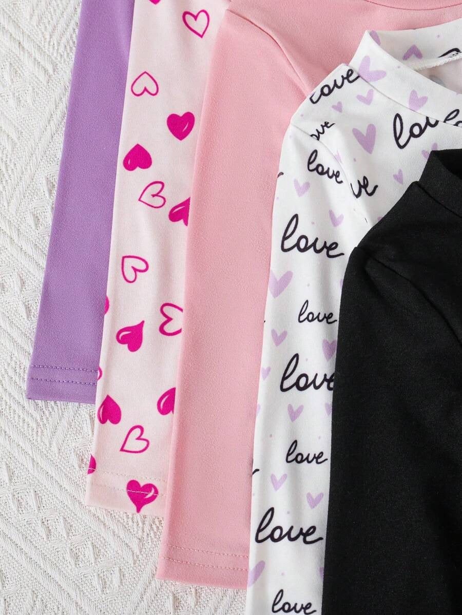 Set da 10 pezzi di top a maniche lunghe casual e leggings per bambina, con stampa carina a cuori e lettere, maglietta elastica e comoda e pantaloni, adatto da indossare