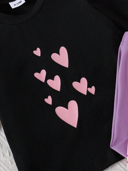 Set da 10 pezzi di top a maniche lunghe casual e leggings per bambina, con stampa carina a cuori e lettere, maglietta elastica e comoda e pantaloni, adatto da indossare