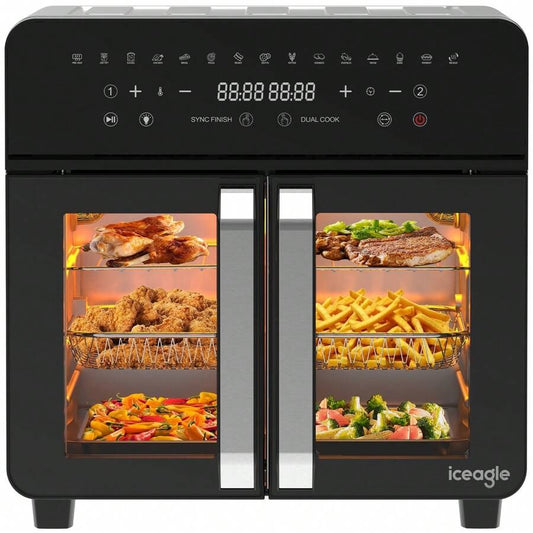 iceagle Friggitrice ad aria calda iceagle 23L Doppia Zona - Friggitrice ad aria XXL con porta francese | Forno friggitrice ad aria calda con doppia camera, 15 programmi, 2200 W, 12 accessori, divisorio rimovibile