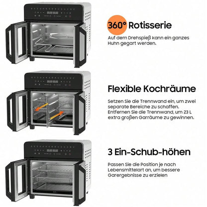 iceagle Friggitrice ad aria calda iceagle 23L Doppia Zona - Friggitrice ad aria XXL con porta francese | Forno friggitrice ad aria calda con doppia camera, 15 programmi, 2200 W, 12 accessori, divisorio rimovibile