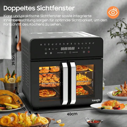 iceagle Friggitrice ad aria calda iceagle 23L Doppia Zona - Friggitrice ad aria XXL con porta francese | Forno friggitrice ad aria calda con doppia camera, 15 programmi, 2200 W, 12 accessori, divisorio rimovibile