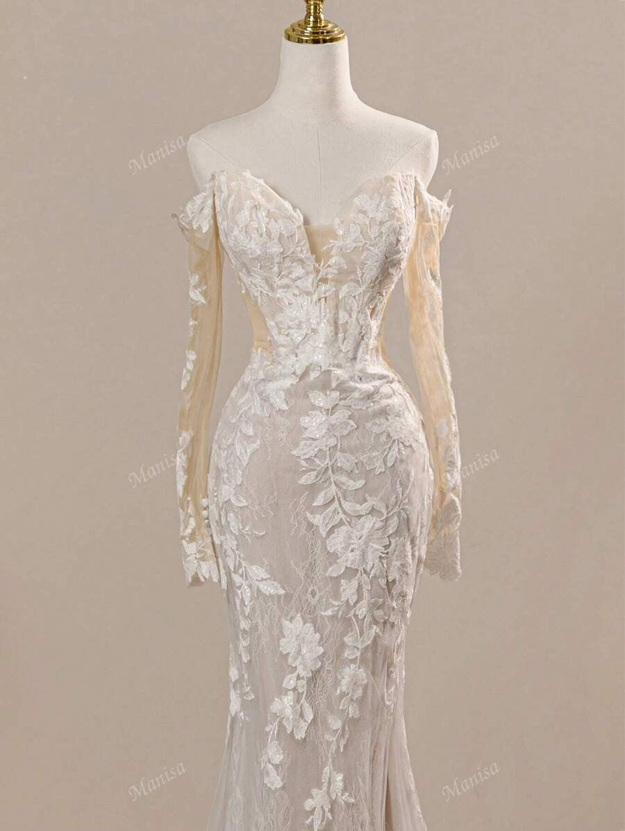 Lussuosi abiti da sposa a sirena bianchi da donna con spalle scoperte, maniche lunghe, stile Firenze, adatti per cerimonie e resort